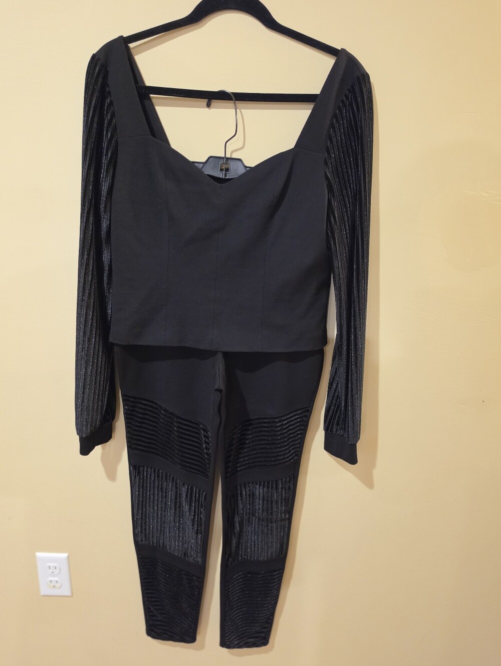 bebe Black Long-Sleeve Shadow Stripe Top with Back Zip & Leggings